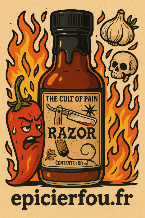 Illustration de la sauce piquante Razor Cult of Pain avec flammes et habanero sur EPICERFOU.FR Illustration de la sauce piquante Razor Cult of Pain avec flammes et habanero sur EPICERFOU.FR