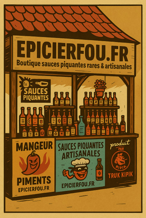 Illustration du stand EPICIERFOU.FR spécialisé en sauces piquantes artisanales – visuel coloré, ambiance marché, univers épicé. Illustration du stand EPICIERFOU.FR spécialisé en sauces piquantes artisanales – visuel coloré, ambiance marché, univers épicé.